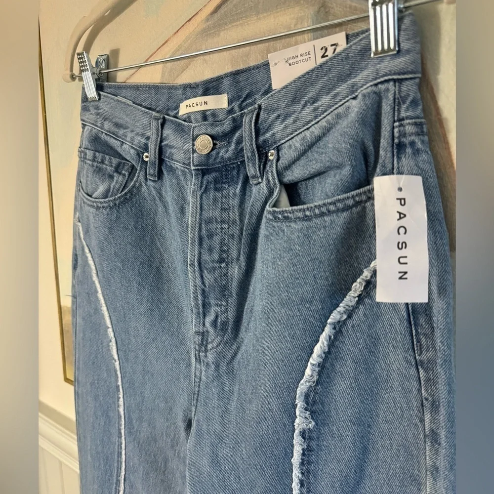 PACSUN Eco Medium Blue Frayed High Waisted Bootcut Jeans NWT Size 27 - Picture 5 of 11